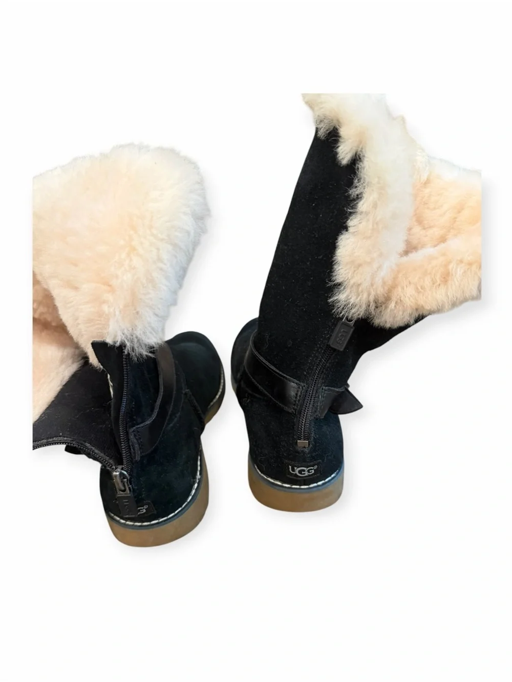 NWOT, UGG, Kids Black Suede Boots with Shearling Trim, Size 4